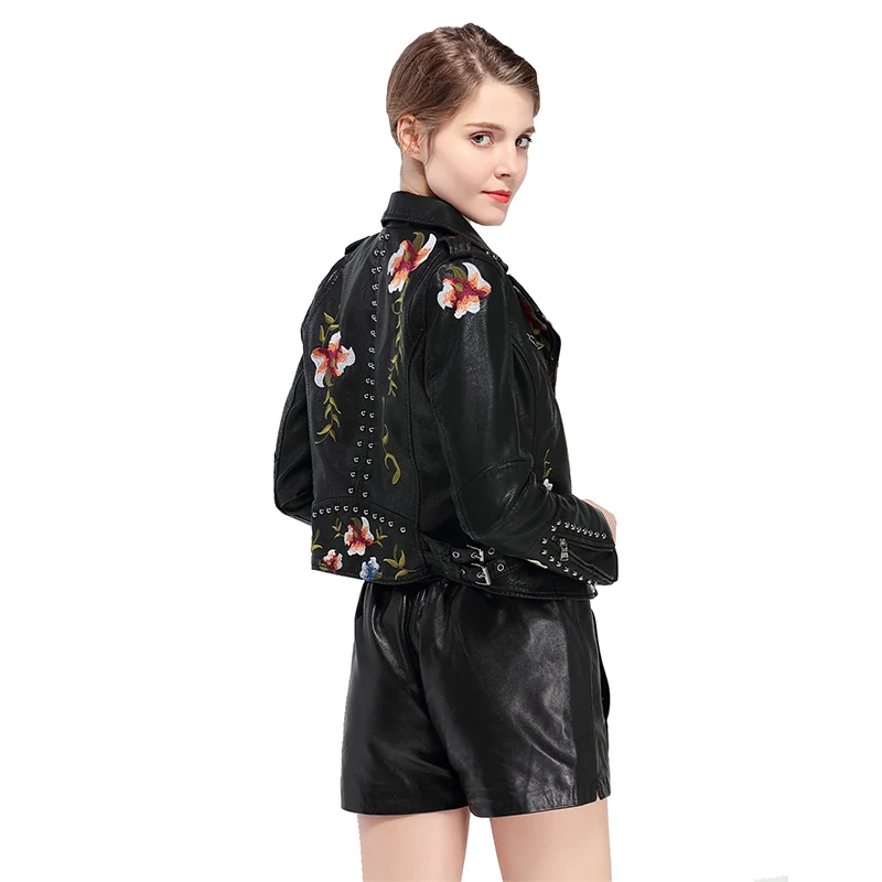 Fitaylor Women Faux PU Leather Jacket Lady High Street Motorcycle Leather Jacket Casual Floral Embroidery Rivet Coat