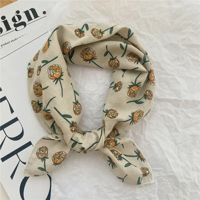 Floral Print Cotton Scarf Vintage Floral Square Scarf Neck Warmer Silk Scarf Tie Summer Spring Cotton Cloth Artistic Necktie