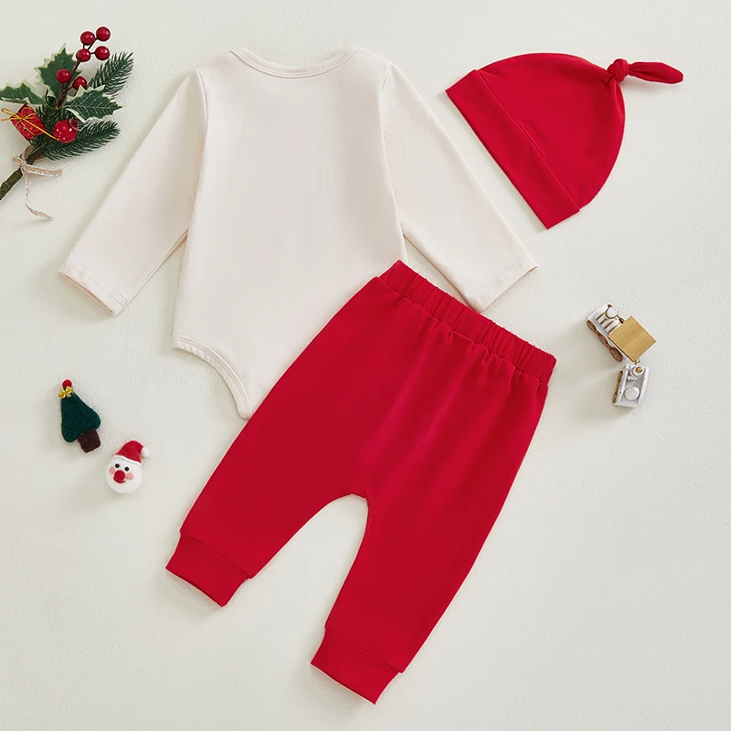 Newborn Baby Boy Christmas Outfit, Long Sleeve Letters Christmas Tree Print Romper with Elastic Pants and Hat Infant 3Pcs Set