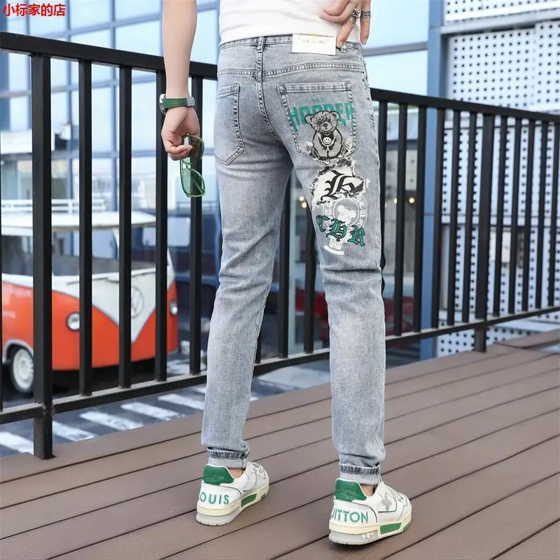 Summer Clothes Fashion Korea Harajuku Men's Cartoon Bear Print Slim Luxury Brand Streetwear Classic Soft Jeans Cotton Trousers