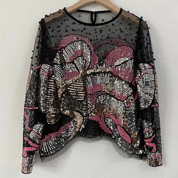 Luxury Women Sequins Floral Embroidery Golden Blouses Chic Ins Shirts Irregular Beadings Blousa Party Woman Sexy Club Tops NS706