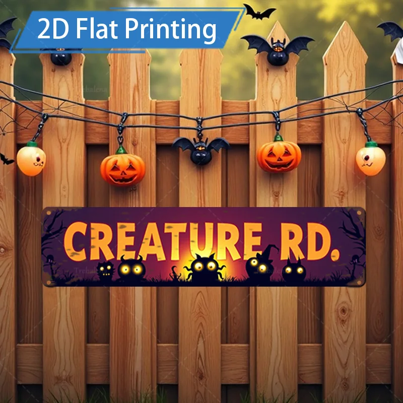 1 قطعة لافتة معدنية، مقاس 4 × 16 بوصة للهالوين "Creature Rd." لافتة مع أضواء اليقطين والخفافيش للديكور الاحتفالي #1