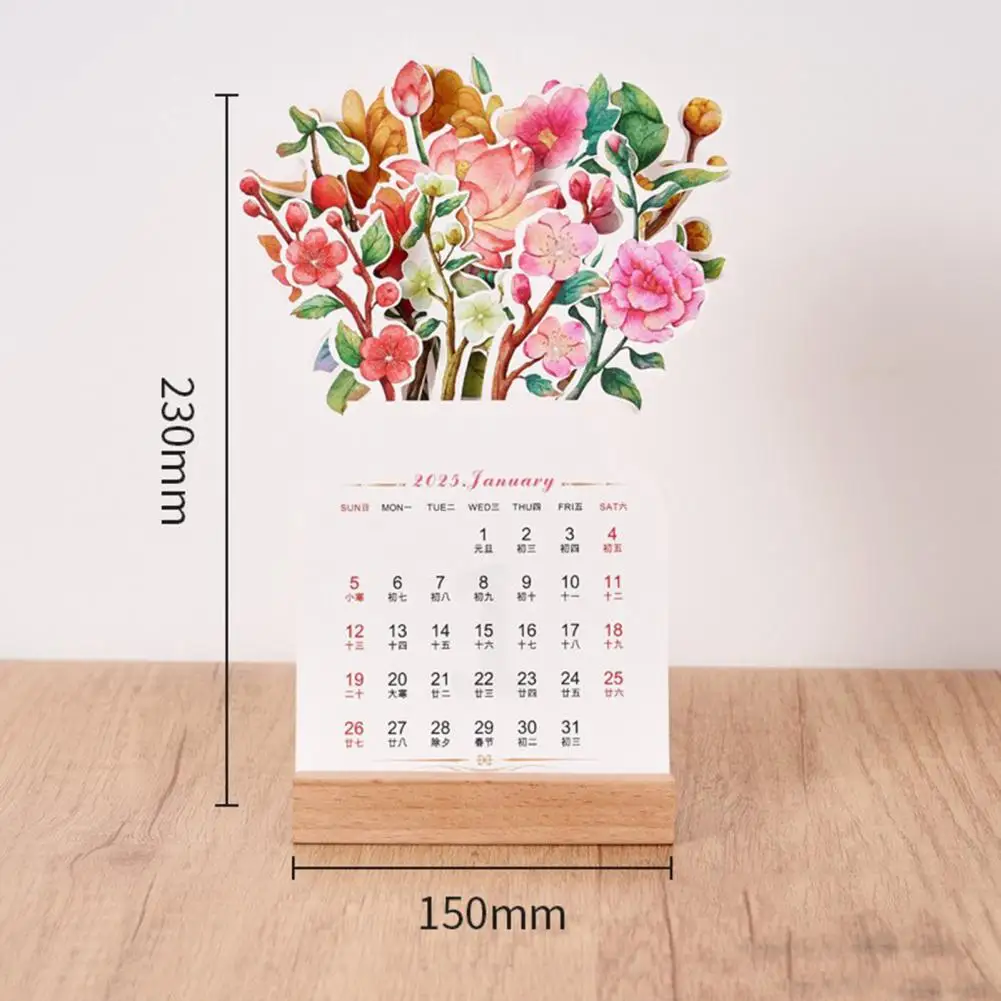 Настольный календарь на 2025 Съемные карты Настольный календарь с цветущими цветами на 2025 год с деревянной основой Ежемесячные карточки для дома для закладок