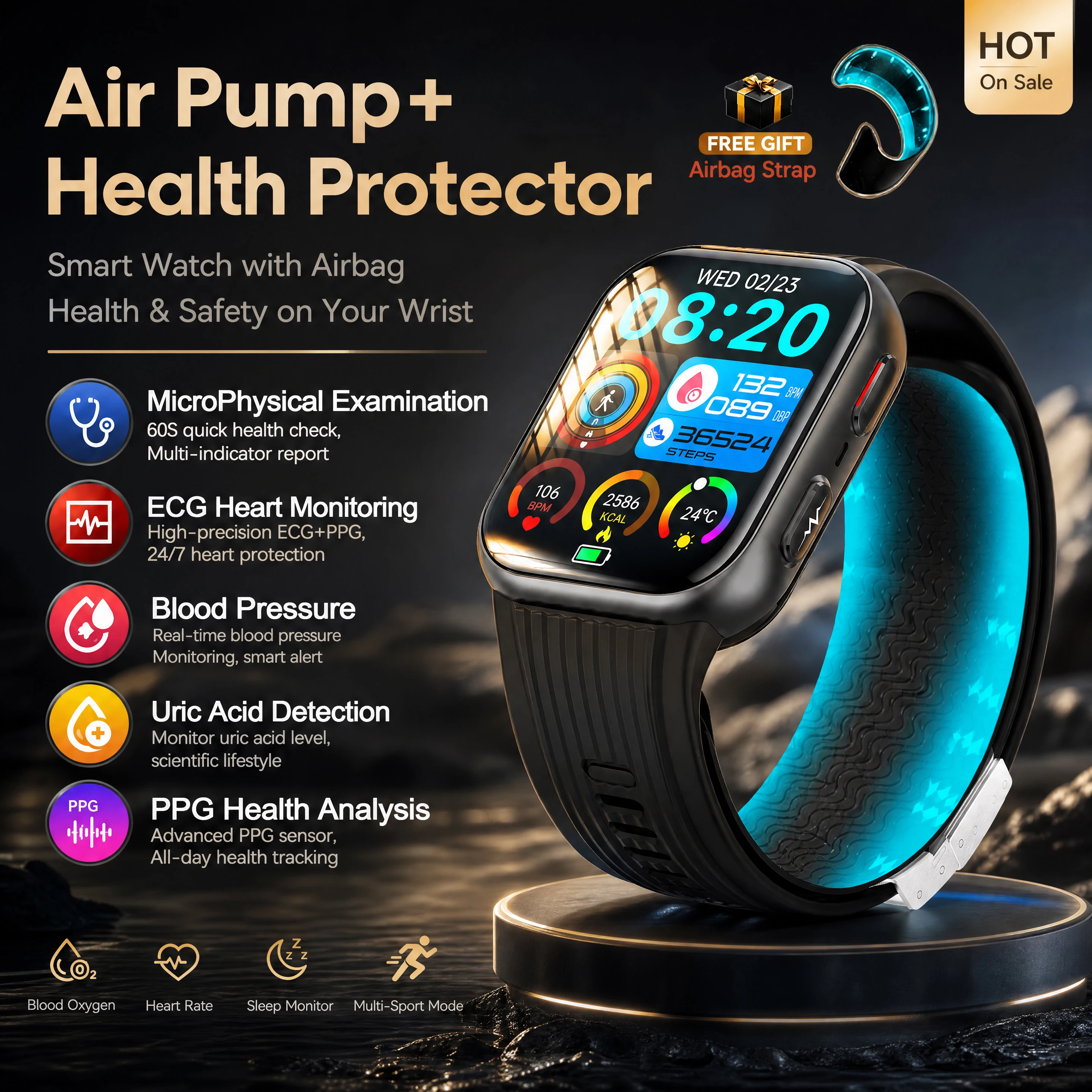 New Air Pump Airbag Smart Watch 60S Micro Physical Exam ECG Uric Acid BP SpO2 Sleep Sport PPG Health Tracking Watch Free Strap