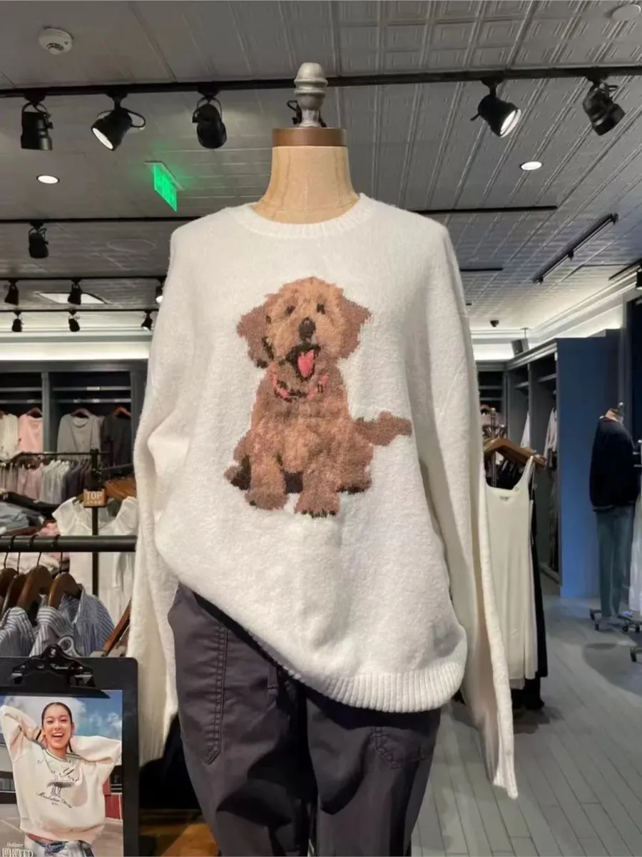 

New Cute Dog Graphic Knitted Sweater Women Autumn O-Neck White Long Sleeve Pullover Tops Female Preppy Style Loose Casual Jumper