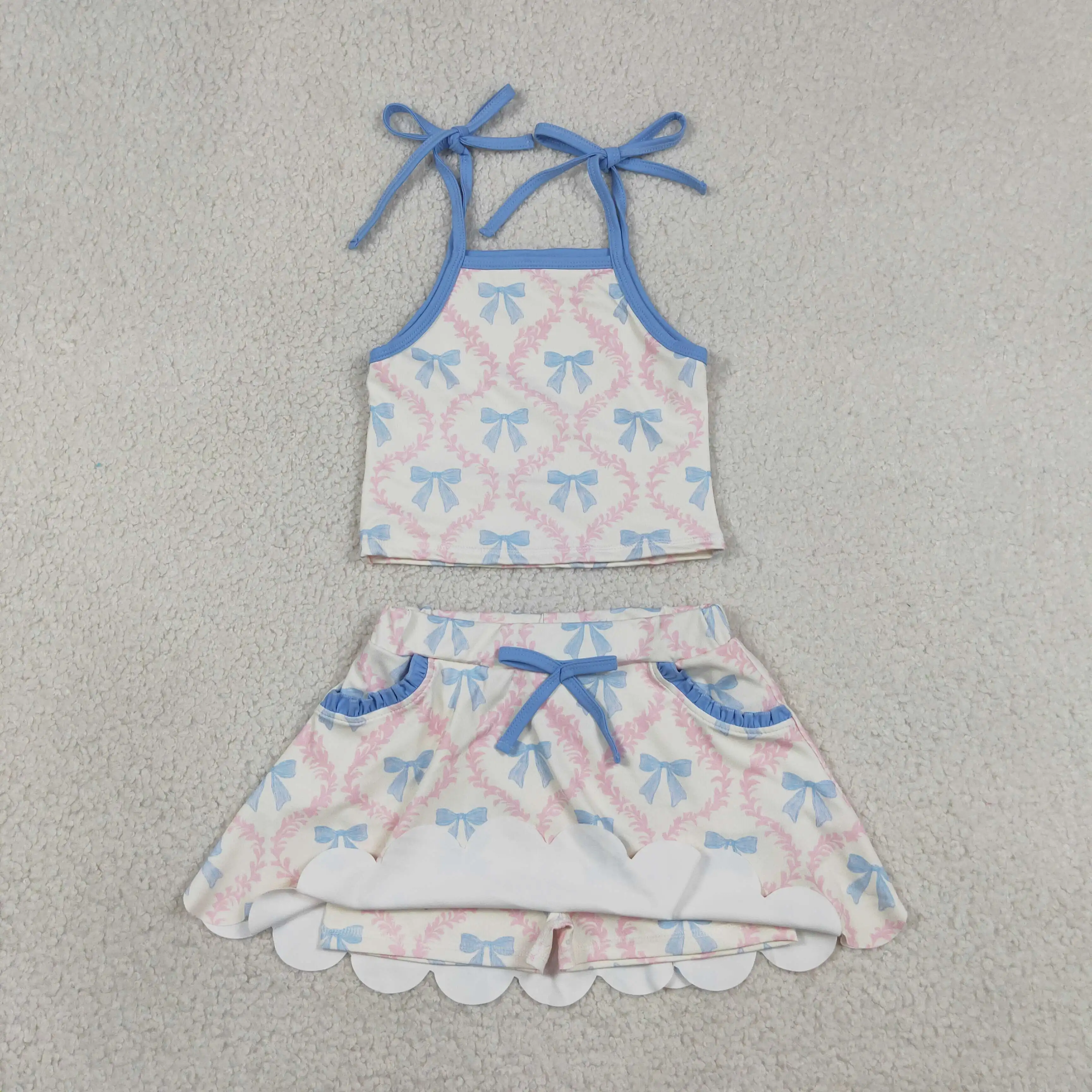 Wholesale Baby Girl Yoga Active Clothing Toddler Bows Shirt Pockets Skirt Shorts Kids Girls Skort Set Athletic Summer Clothes