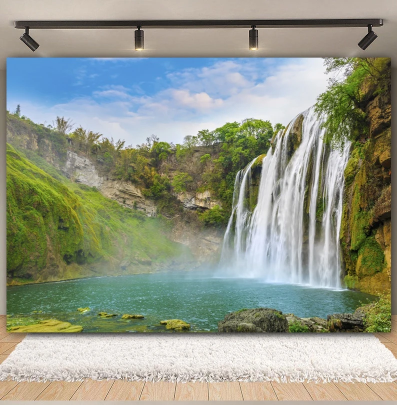 Spring Natural Scenery Photography Backdrops Waterfall Mountain Water River Lake Forest Landscape Background Decor Photo Studio