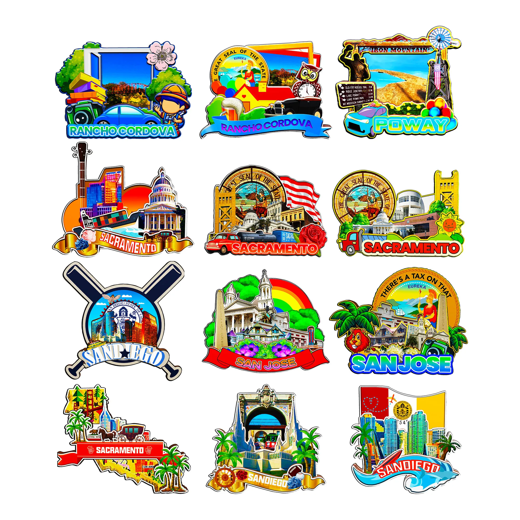 Imanes decorativos para San José Poway Rancho San Diego Cordova Sacramento Carolina USA City Landmark pegatinas para nevera de viaje