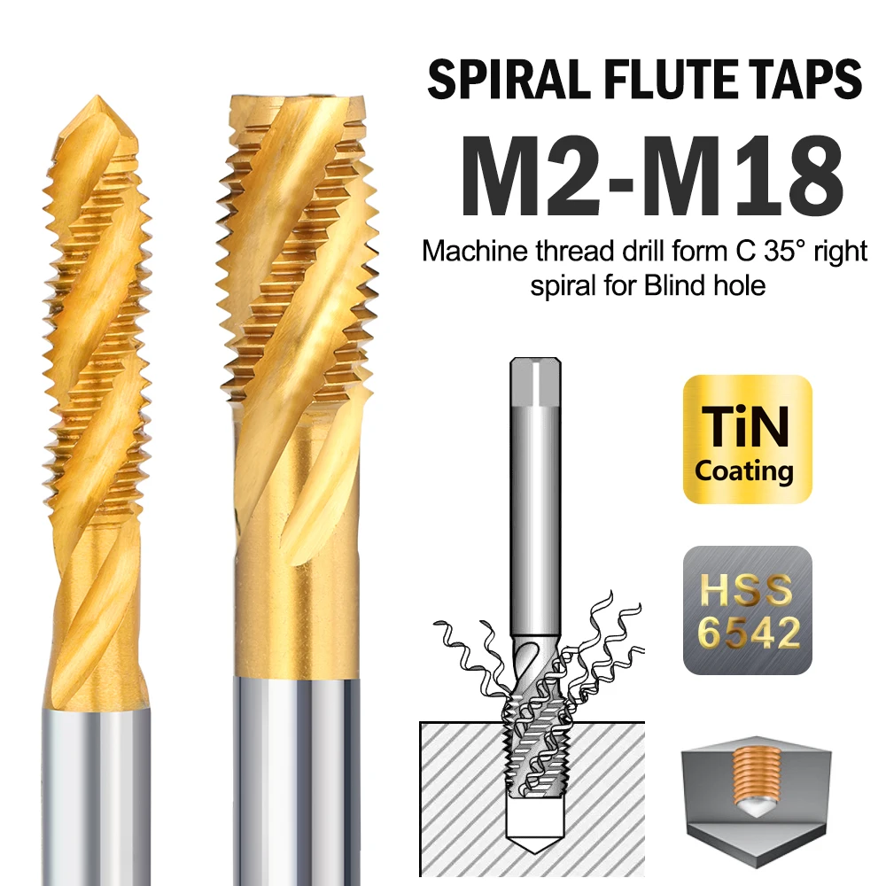 XCAN 1pc HSS Titanium Coating Screw Tap Drill M2-M18 Metric Spiral Flute Thread Tap Right Hand Machine Tap For Stainless Steel