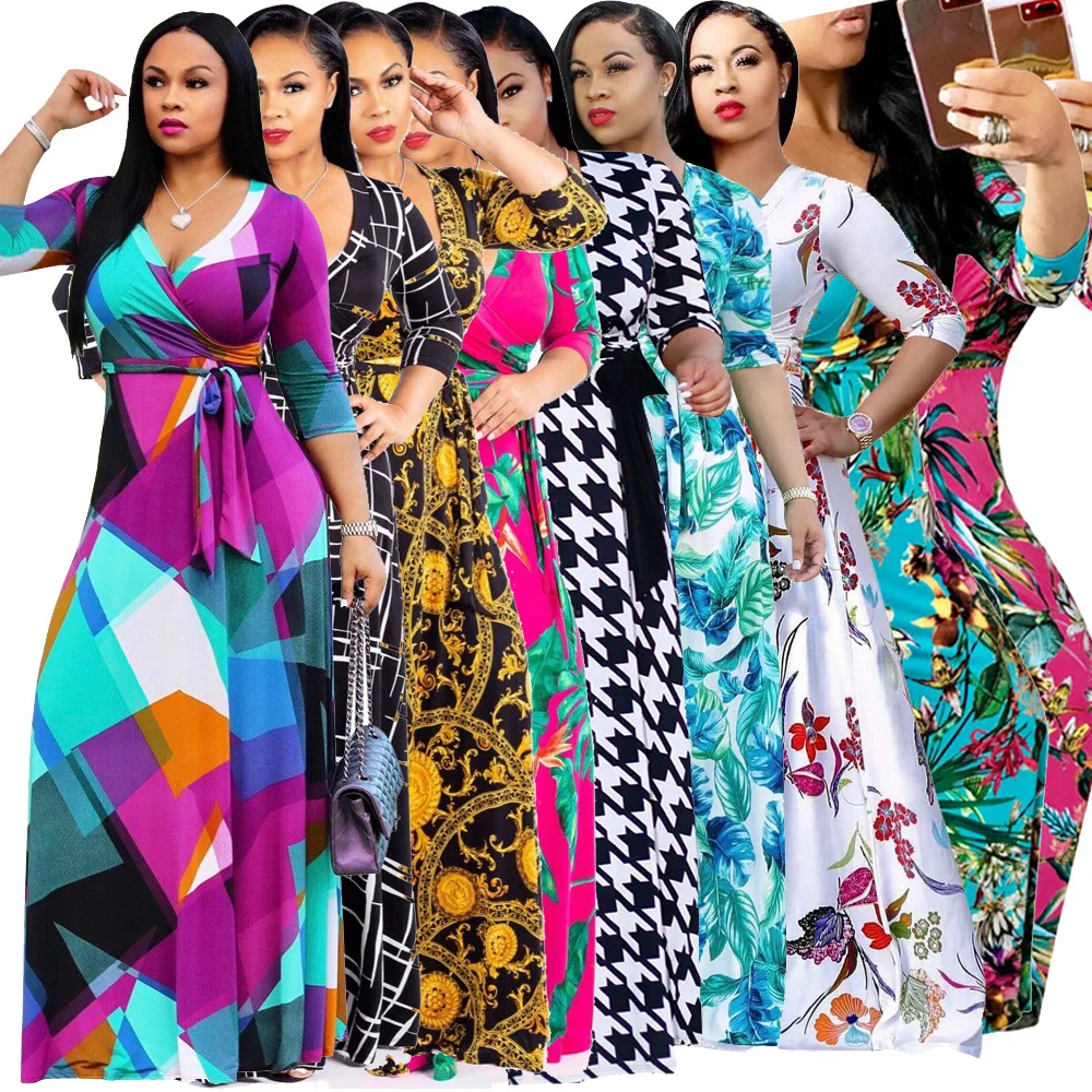 

African Women's Fashion Sexy V-Neck Middle Sleeve Square Contrast Lace Print Floor Sweeping Large Women's Long Dress 2024 New