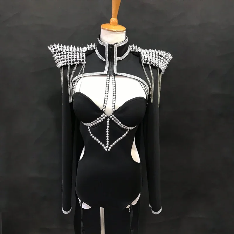 ネイルタッセルショルダーブラックボディスーツマント女性のグループジャズパフォーマンスダンス衣装ポールダンスステージフェスティバル衣装 XS3990