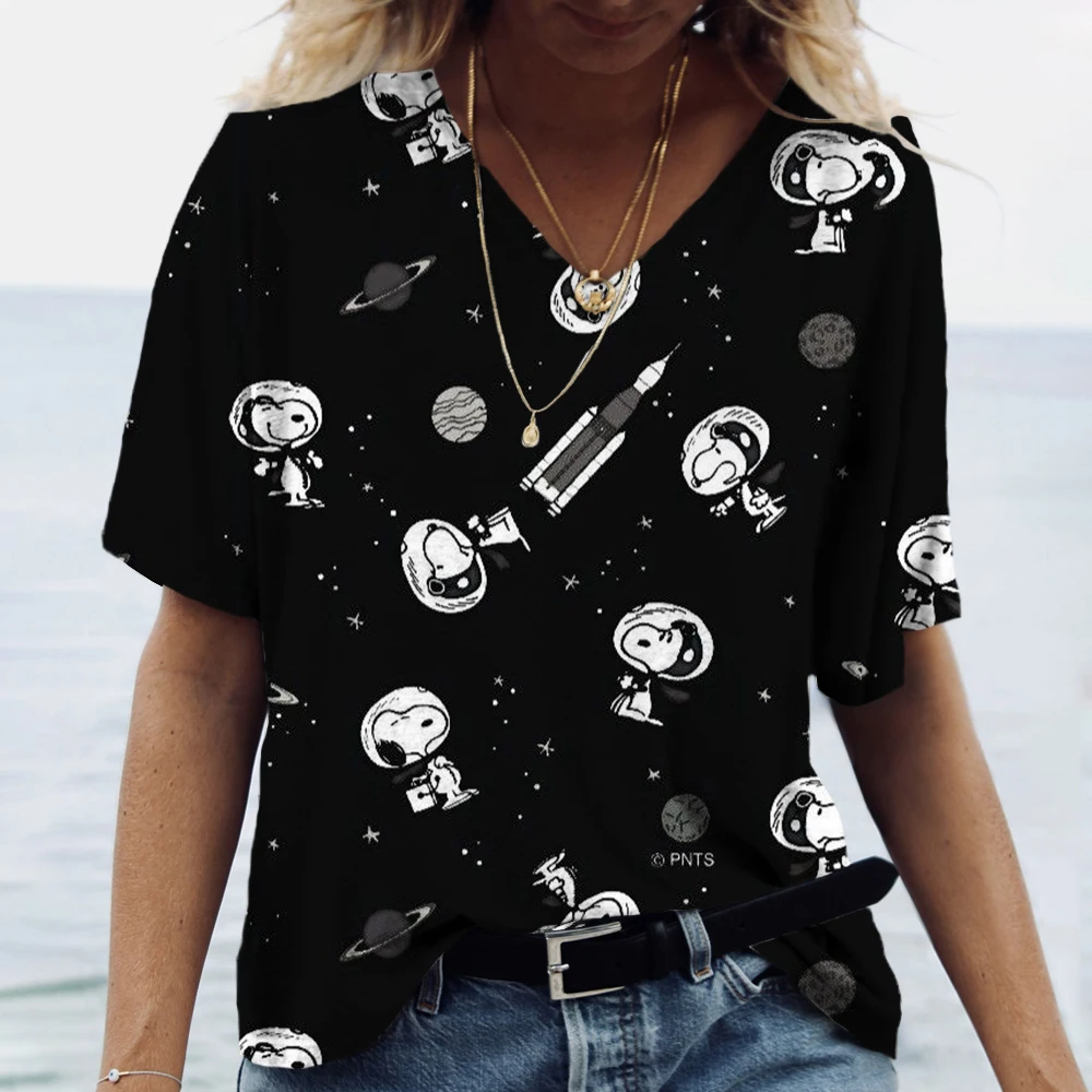 Vintage Women\'s T Shirt Snoopy cartoon print Tops Ladies Clothing V-neck Harajuku Pullover Summer Oversized Short Sleeve Tees