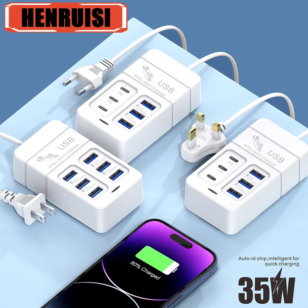 35W PD USB Fast Charging 6 Ports Plug Power Strip Charger Station Splitter USB 3.0 Charging Head 6Usb Socket Seat Charger Socket