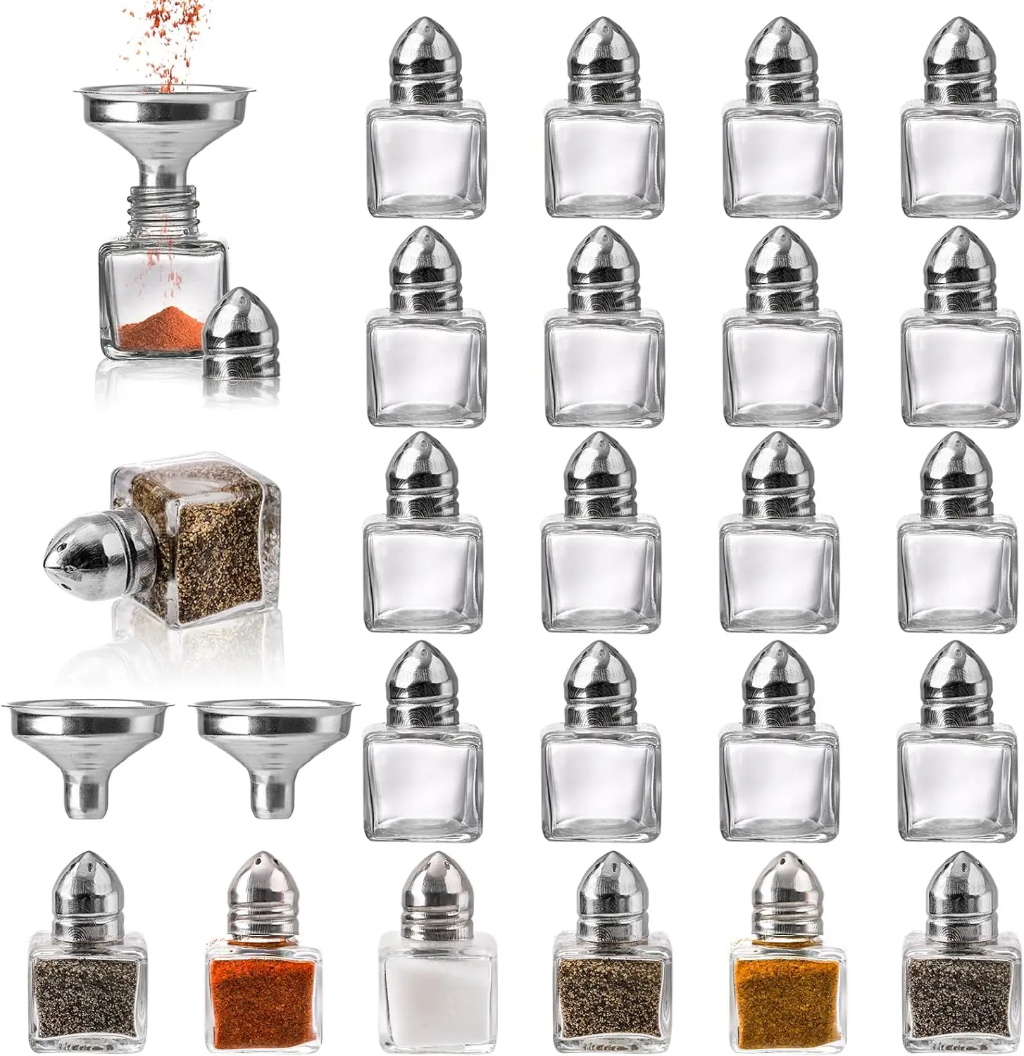 

Set of 24 Mini Glass Salt and Pepper Shakers, 0.5 oz with Funnels, for Parties, Weddings, Restaurants, Home Kitchen