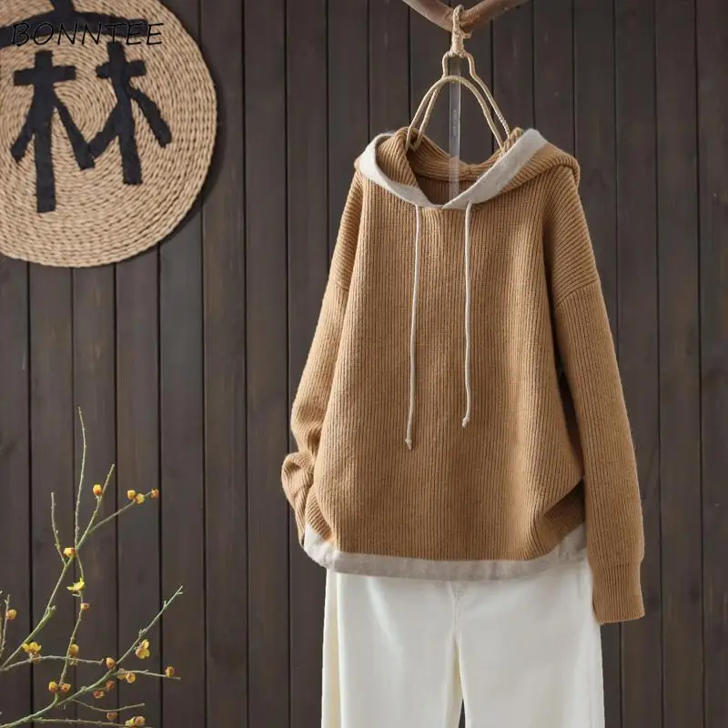 

Pullovers Women Hooded Loose Korean-style All-match Leisure Longs Leeve Sweater Students Patchwork Knitting Simple Drawstring