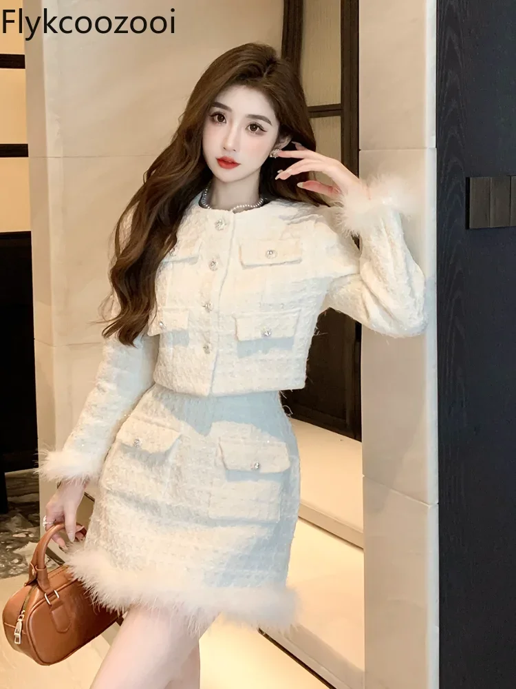 Fashion Roupas Femininas Conjuntos Stocked Available Premium Elegant Flash Tweed Suit for Women Female Blazer Sets with Skirt