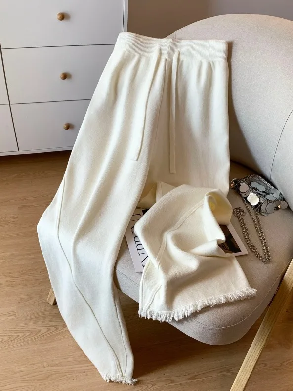 

Свободные вязаные брюки-палаццо женские, осенне-зимние, новинка, повседневные, с высокой талией, струящиеся, прямые брюки свободного кроя