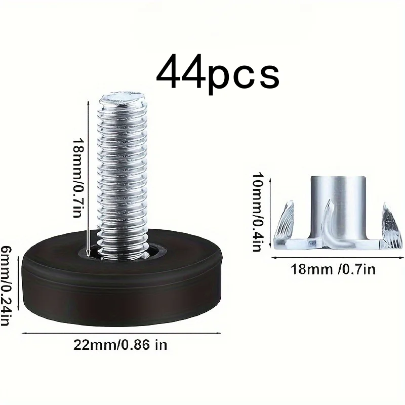 44 pcs Furniture Levelers | M6 Thread, Anti-Slip, Floor Protection, Black | For: Home
