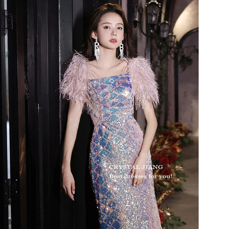 Shiny Sequined Short Sleeves Evening Dresses for Women Trumpet Long Lace Formal Occasion Party Dresses image 2