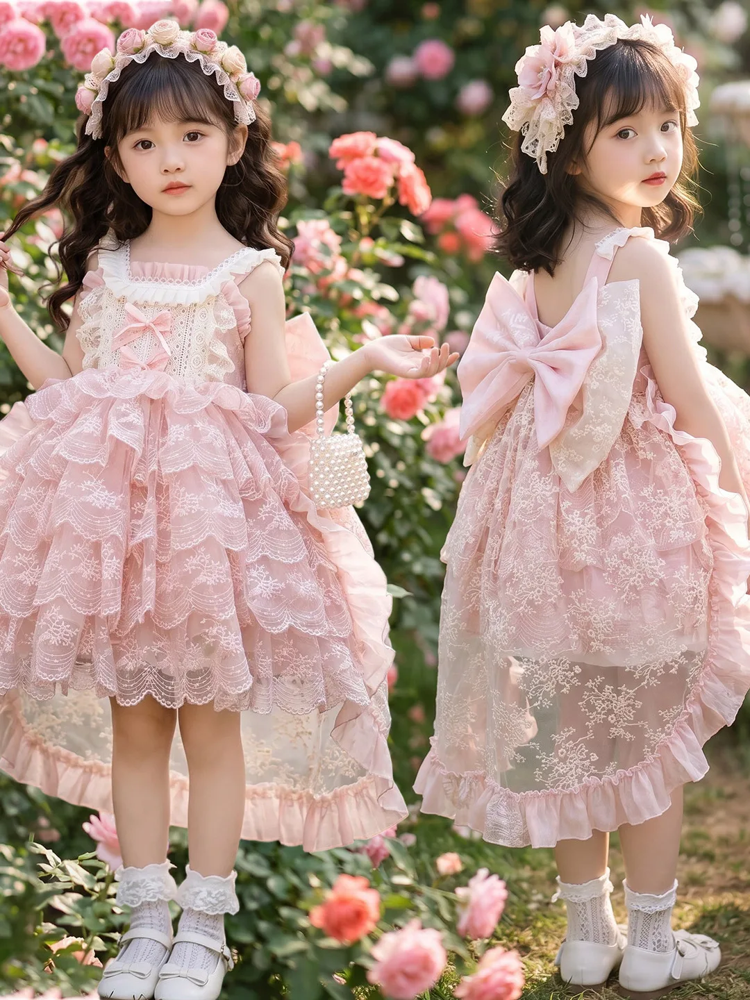 Vestido de Aniversário Estilo Lolita para Meninas, Saia Rodada com Laço, Vestido de Princesa, Roupa Infantil para Dama de Honra, Respirável e Macio
