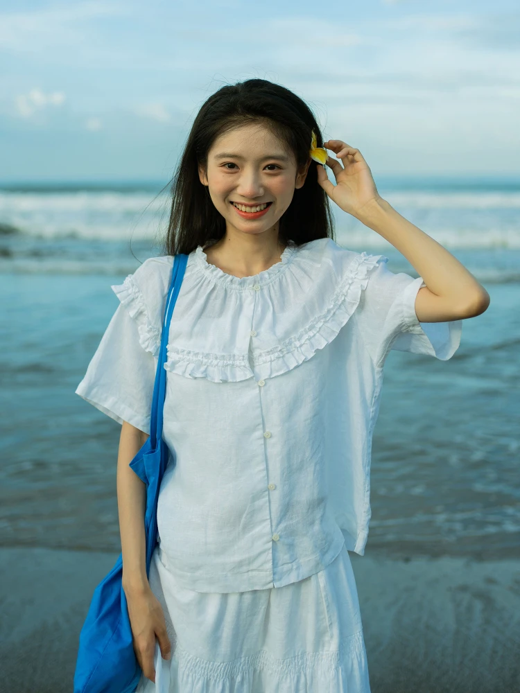 

Japanese Sle Film Sensation Wood ain irt Linen 00 Summer Transparent Loose Feeling Top Women's Faion Summer irt