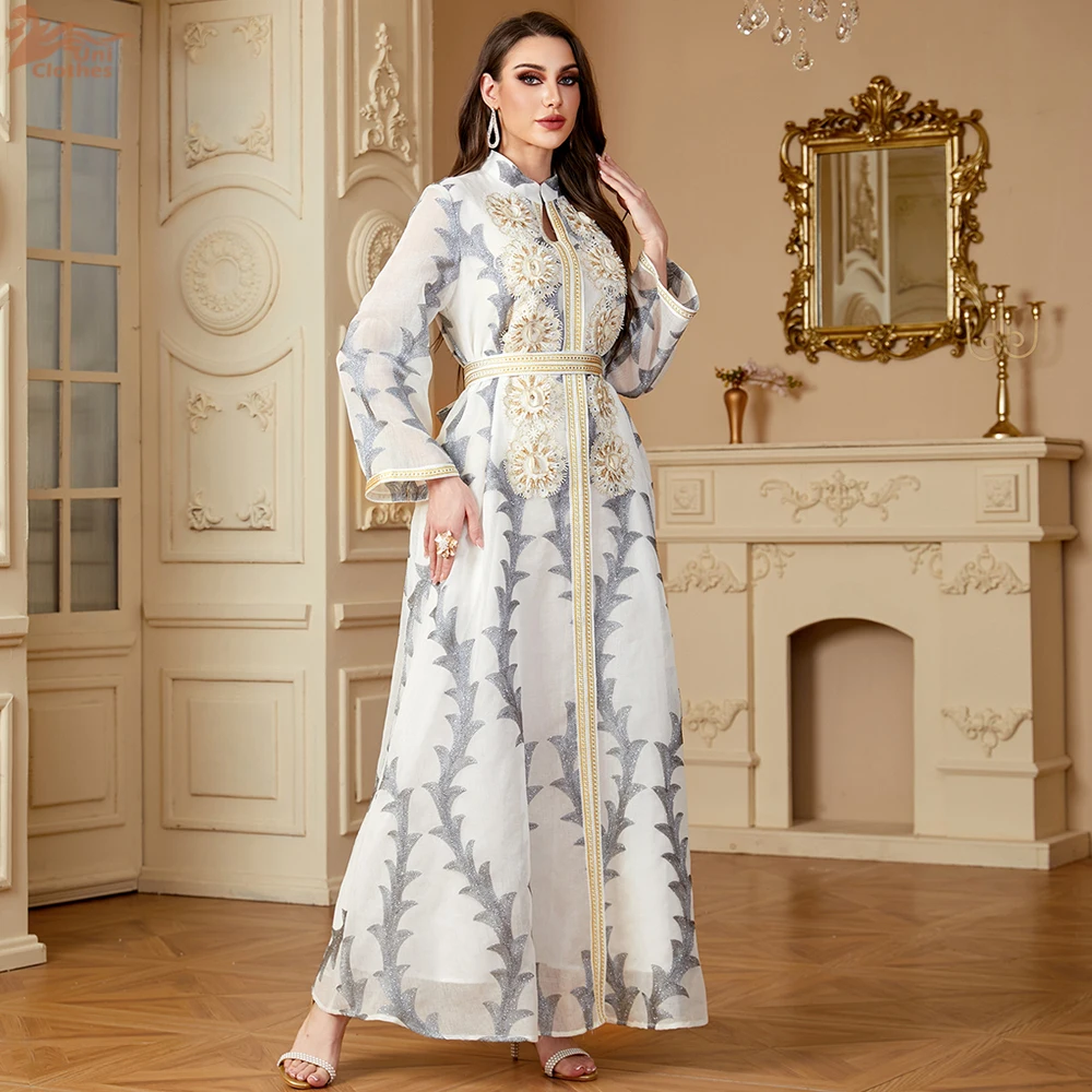 Ramadan Muslim Women's Embroidery Jacquard abaya With Sashes Dresses For Women Gala Dubai Moroccan Mesh Sleeve Kaftan