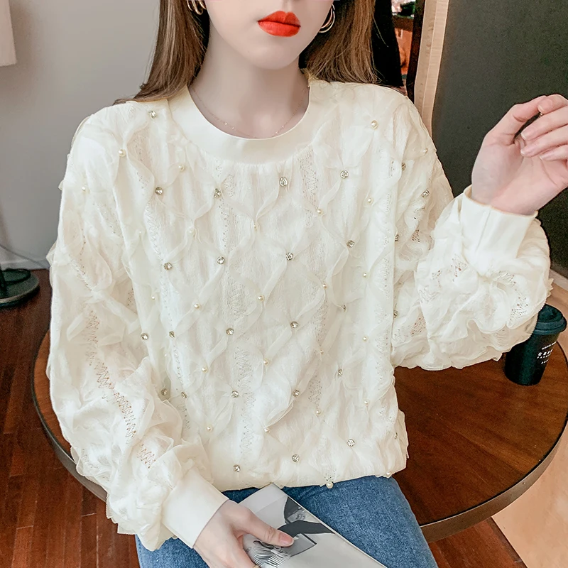 

Женская толстовка свободного кроя с круглым вырезом, весенняя новинка, модная корейская модель с рукавами «летучая мышь» и декором из бисера, стройнящий топ