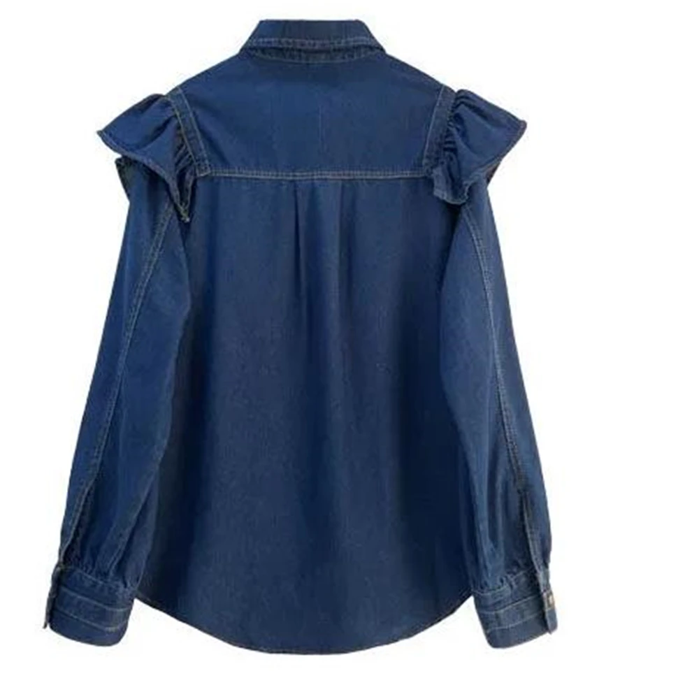 Blusa vaquera con volantes para mujer, camisa holgada de manga larga con botones, ropa elegante para primavera y otoño, 2024