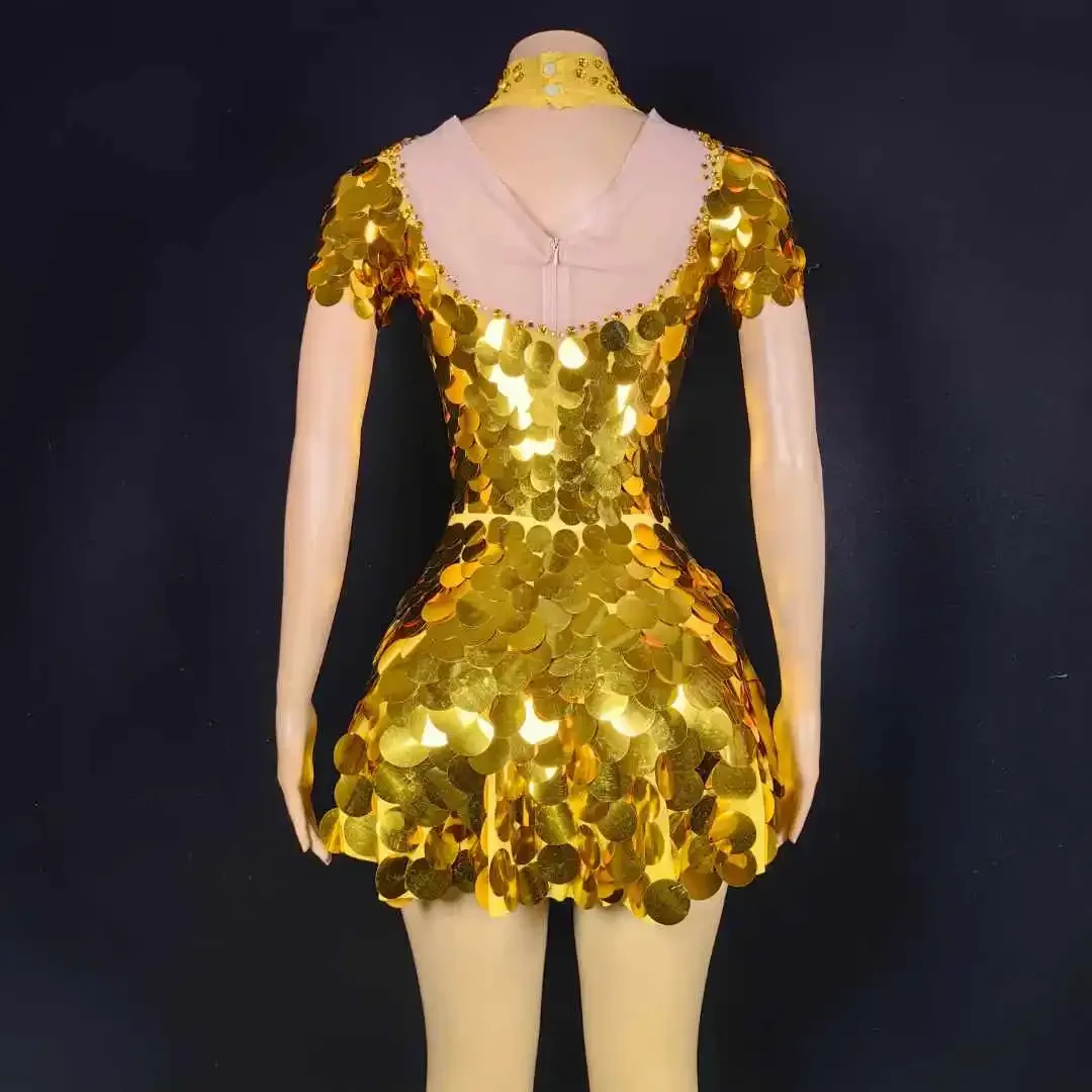 Gold Sequins ผู้หญิง Shinning ชุดแขนสั้น Carnival Bling Dancer เชียร์ลีดเดอร์ลาสเวกัส Showgirl ชุดลาก Queen
