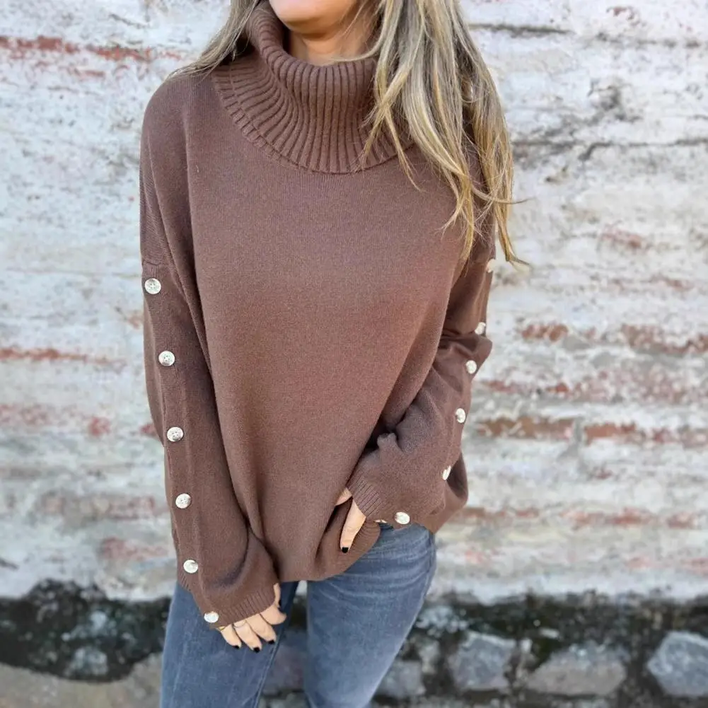 2025 зимний свитер для женщин, водолазка с длинным рукавом, ребристая отделка, вязаный свитер, топы, свободный подол, пуговицы, декор, трикотажные топы с ребристой отделкой