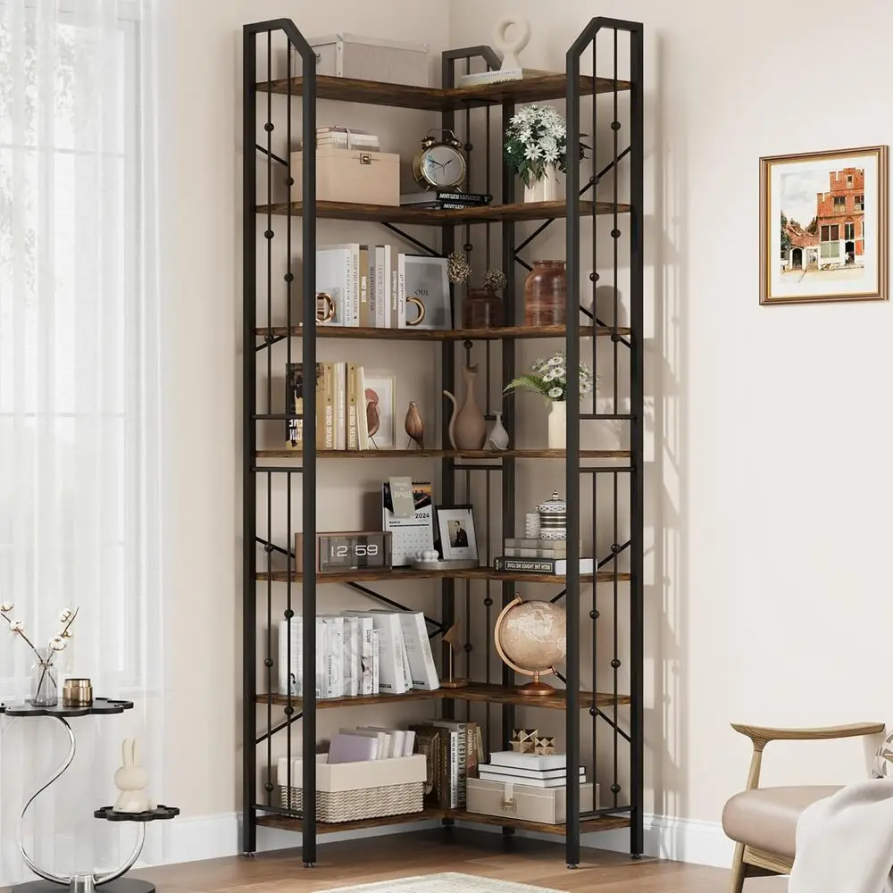 

86 7-Tier L-Shaped Industrial Bookcase with Beaded Design for Large Storage in Living Room or Bedroom
