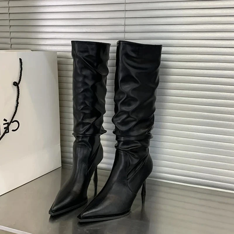 

Aneikeh Classics Pleated Serpentine Women Knee-High Boot Fashion Pointed Toe Pole Dancing Shoes Sexy High Heels Botines Mujer