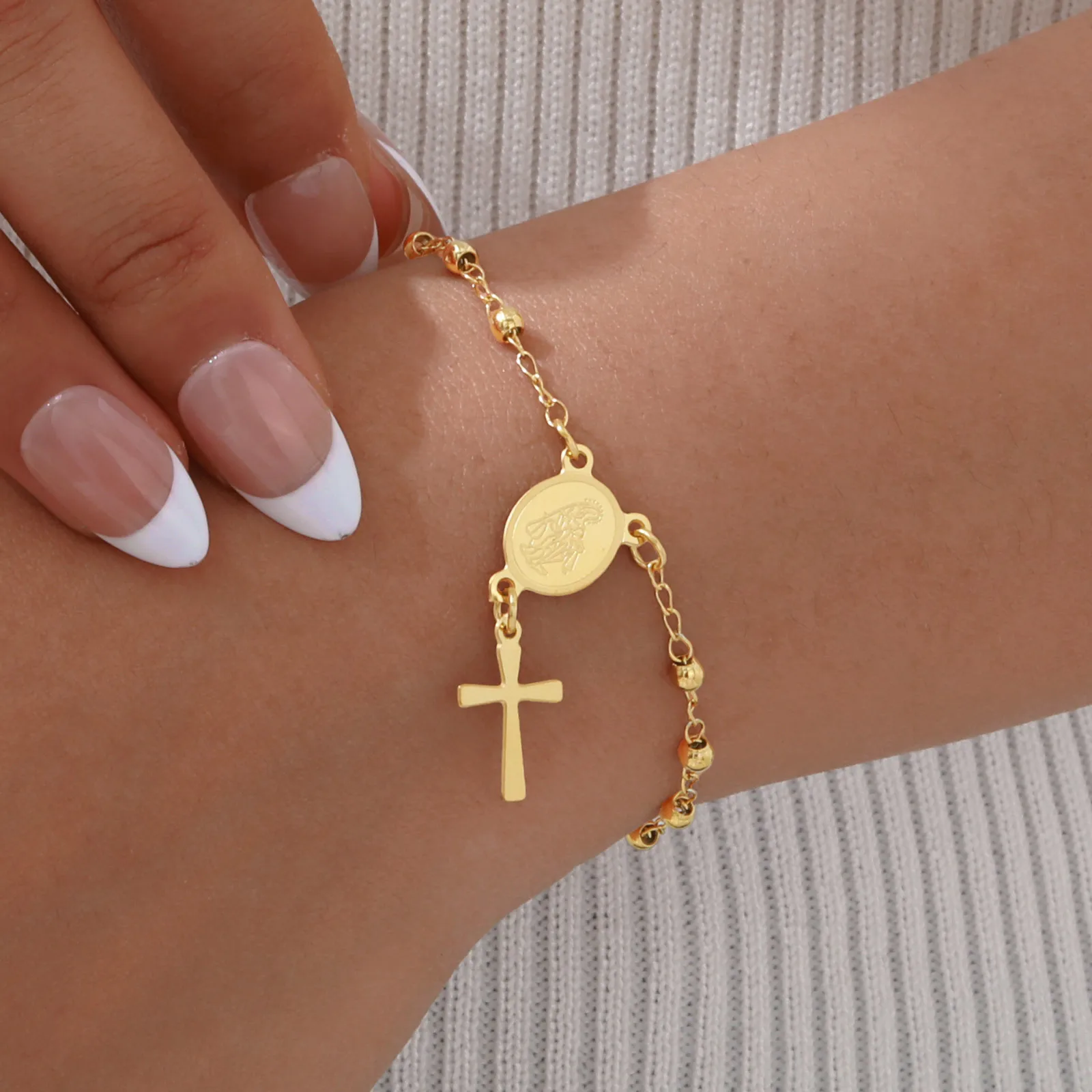 Rosary Stainless Steel Women Bracelet Girls Religious Cross And Virgin Mary Prayer Bracelet Mom Girlfriend Valentine\'s Day Gift