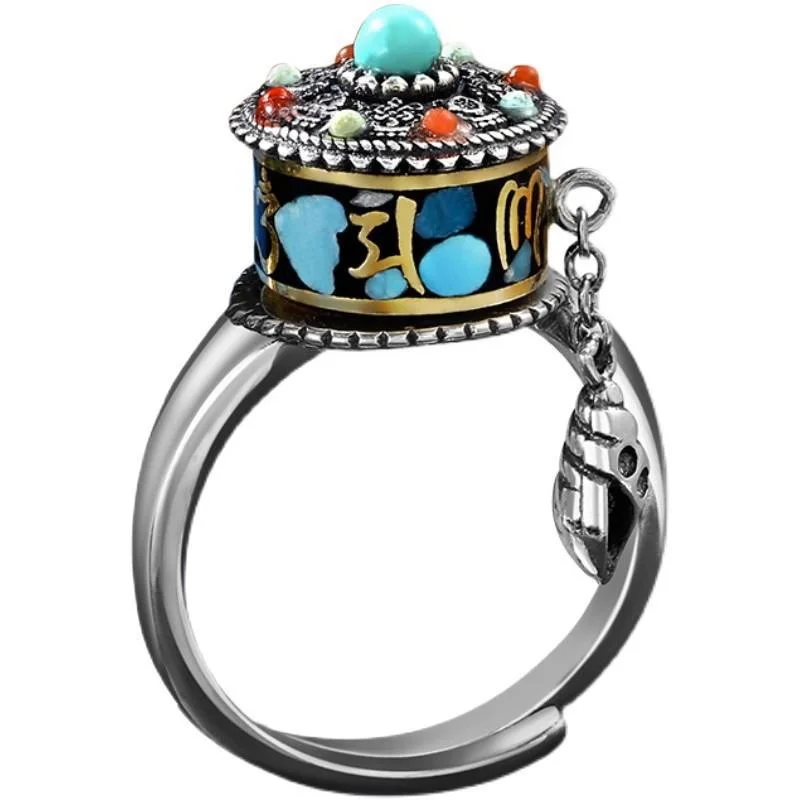 Vintage Six Character Great Bright Mantra Ring For Men Jewelry Blessing Rotatable Wheel Ring Women Finger Accessories
