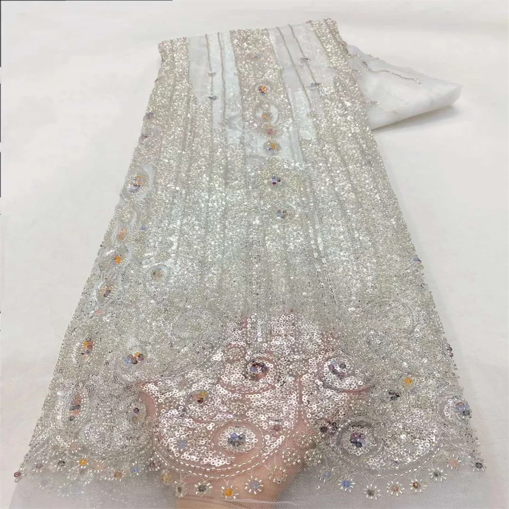 Tissu Africain en Dentelle à Paillettes pour Robe de Mariée, Tulle Français Perlé, Haute Qualité, 2024