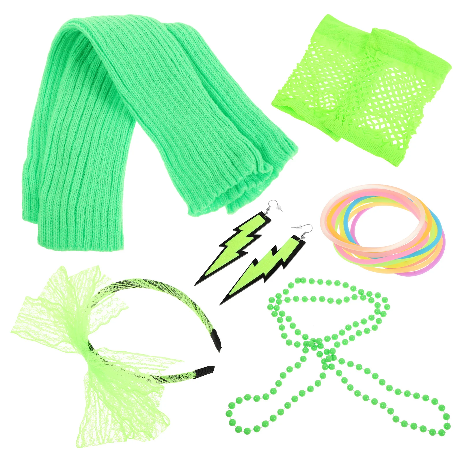 1 Set 1 Set 80er Jahre Retro Party Outfit Neon Spitze Stirnband Ohrringe Halskette Armband Handschuhe Beinlinge für Tanzkostüm Frauen Glow