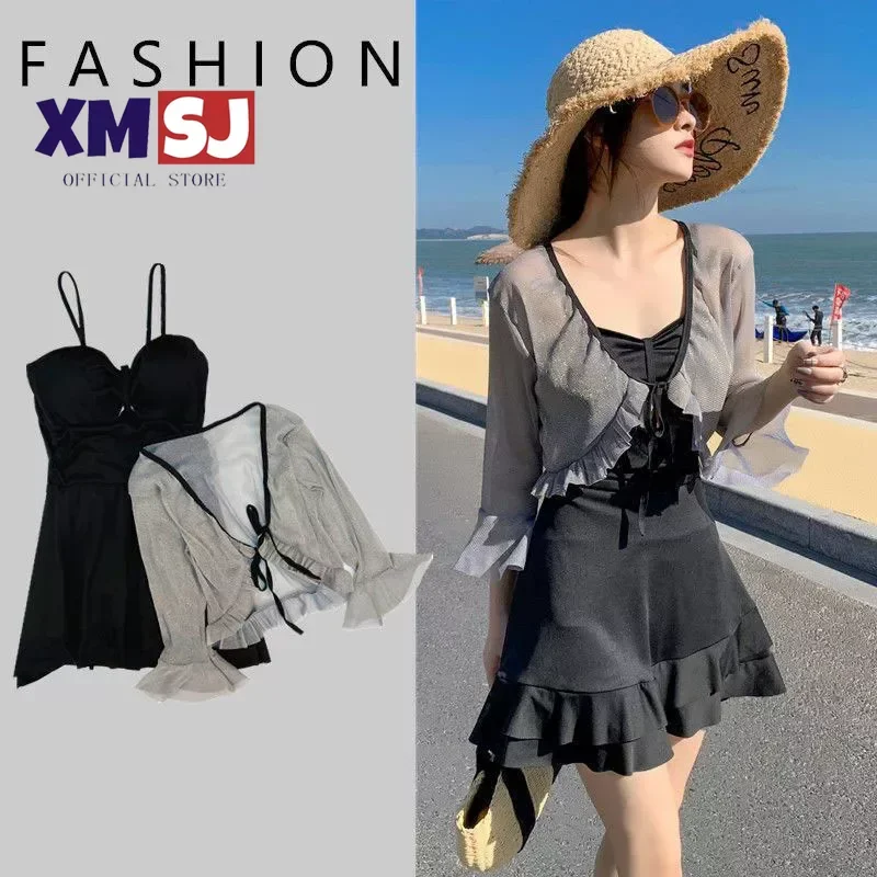 

2024 Swimwear Women's Skirt Style One Piece Conservative Slim Fairy Fan Xiao Chest Covering Belly Soaking Hot Spring Swimwear