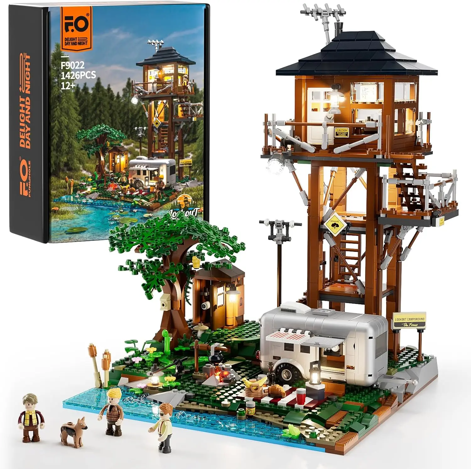 Lookout Campground Lighting Building-Bricks Set, Lookout Tower Camping Car & Family Minifigures LED Light Building Set 1426 Pcs