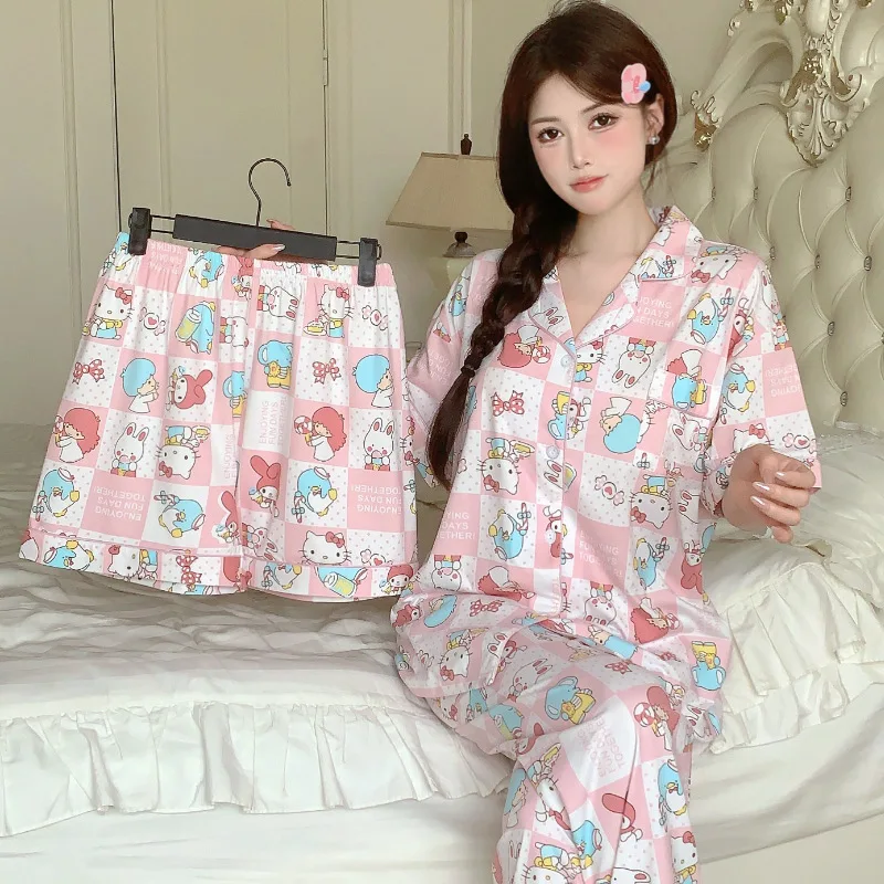 3Pcs Sanrio Long Shorts Pajamas Hello Kitty Melody Kuromi Kawaii Short Sleeved Loose Sleepwear Pajamas Sets Short Clothes Gift