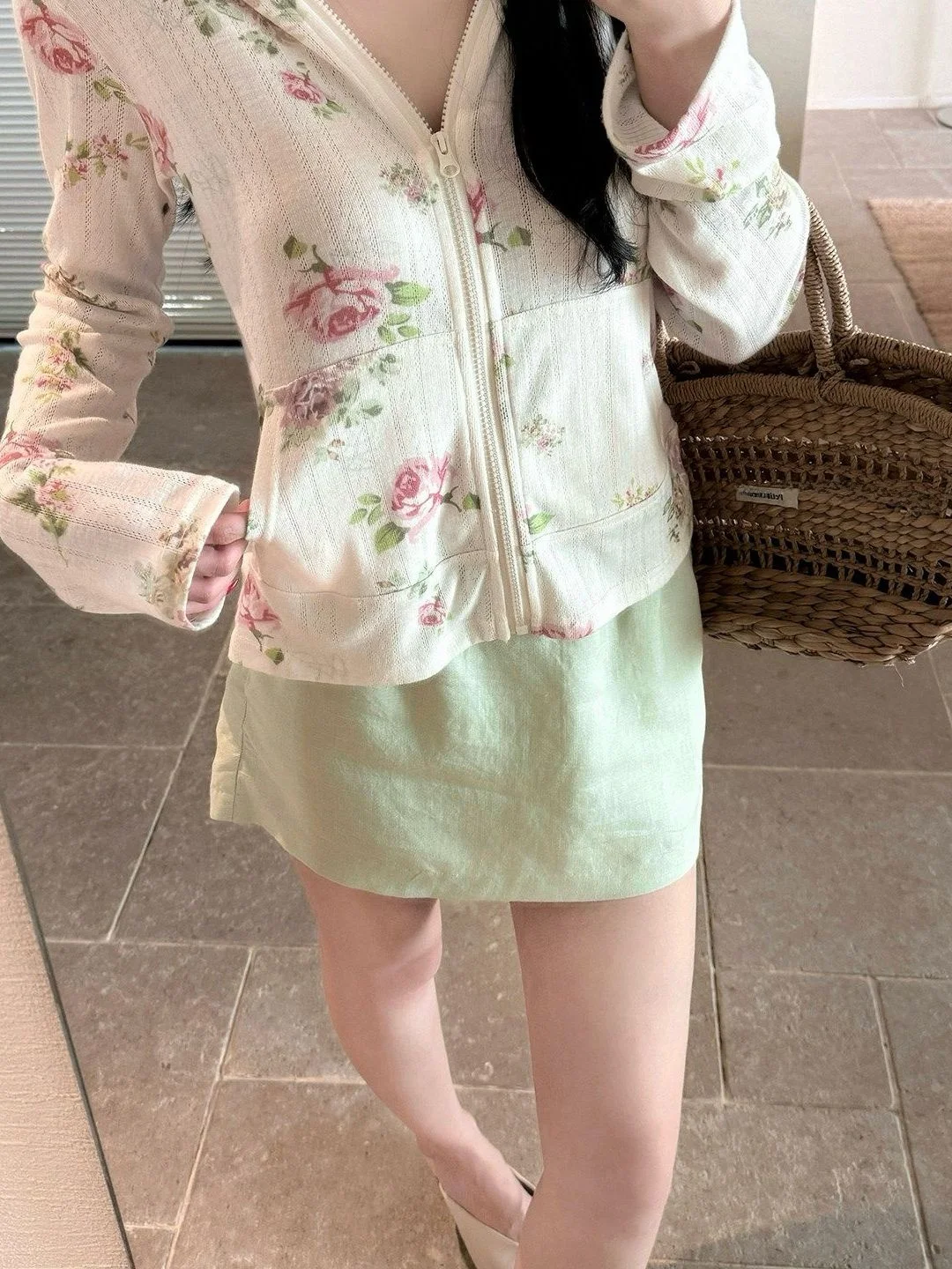 Summer Thin Floral Zipper Jacket Women's Long Sleeve Hooded Loose Fit UV Protection Breathable Casual T-shirt Polyester Fiber