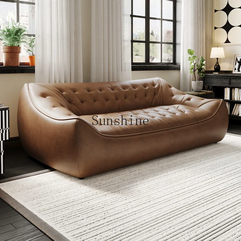 

Medieval high-end retro small apartment living room straight row full leather sofa