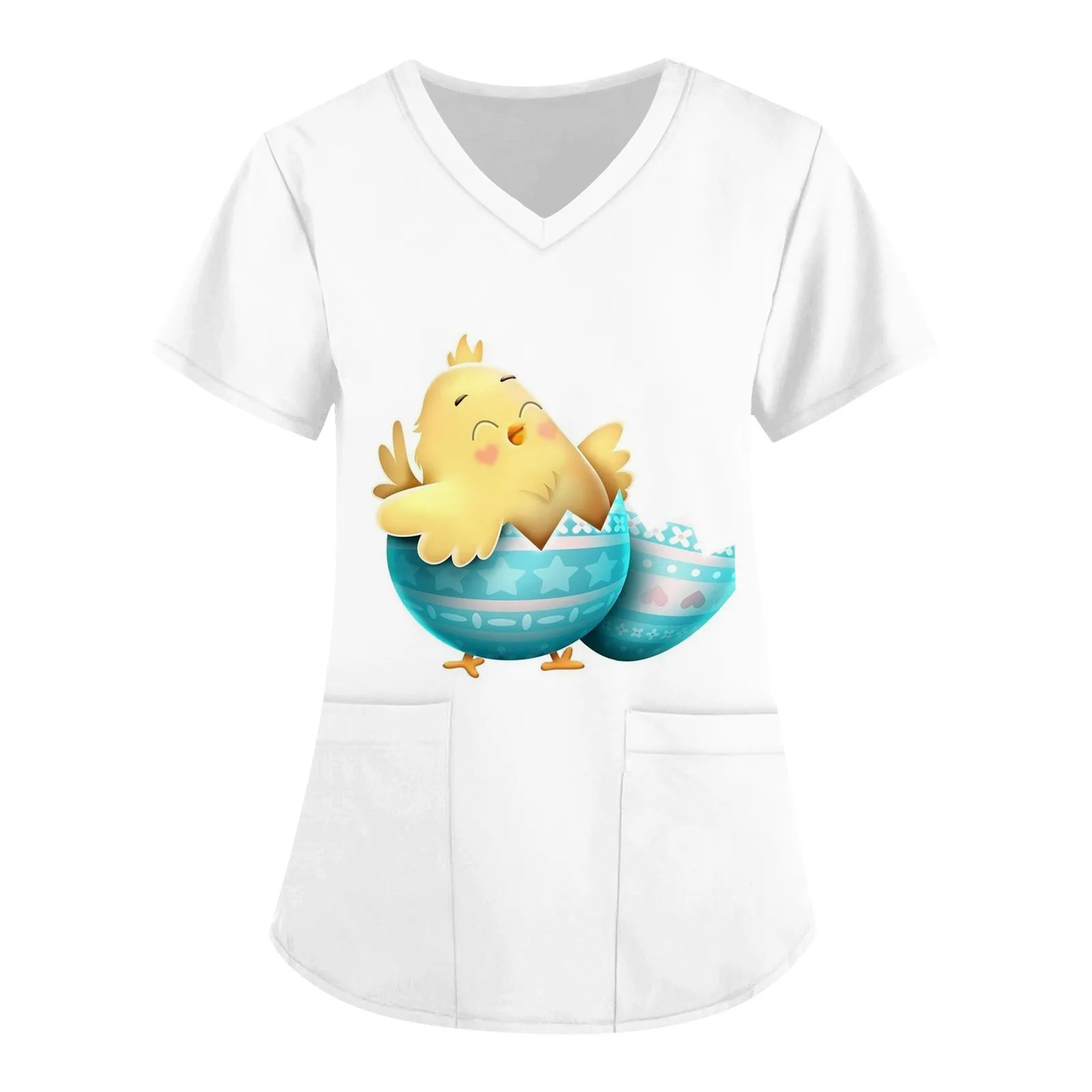 Ladies Nurse Uniforms Women Easter Day Cartoon Eggs Print Short Sleeve V Neck Working Nursing Blouse Workwear Uniforms