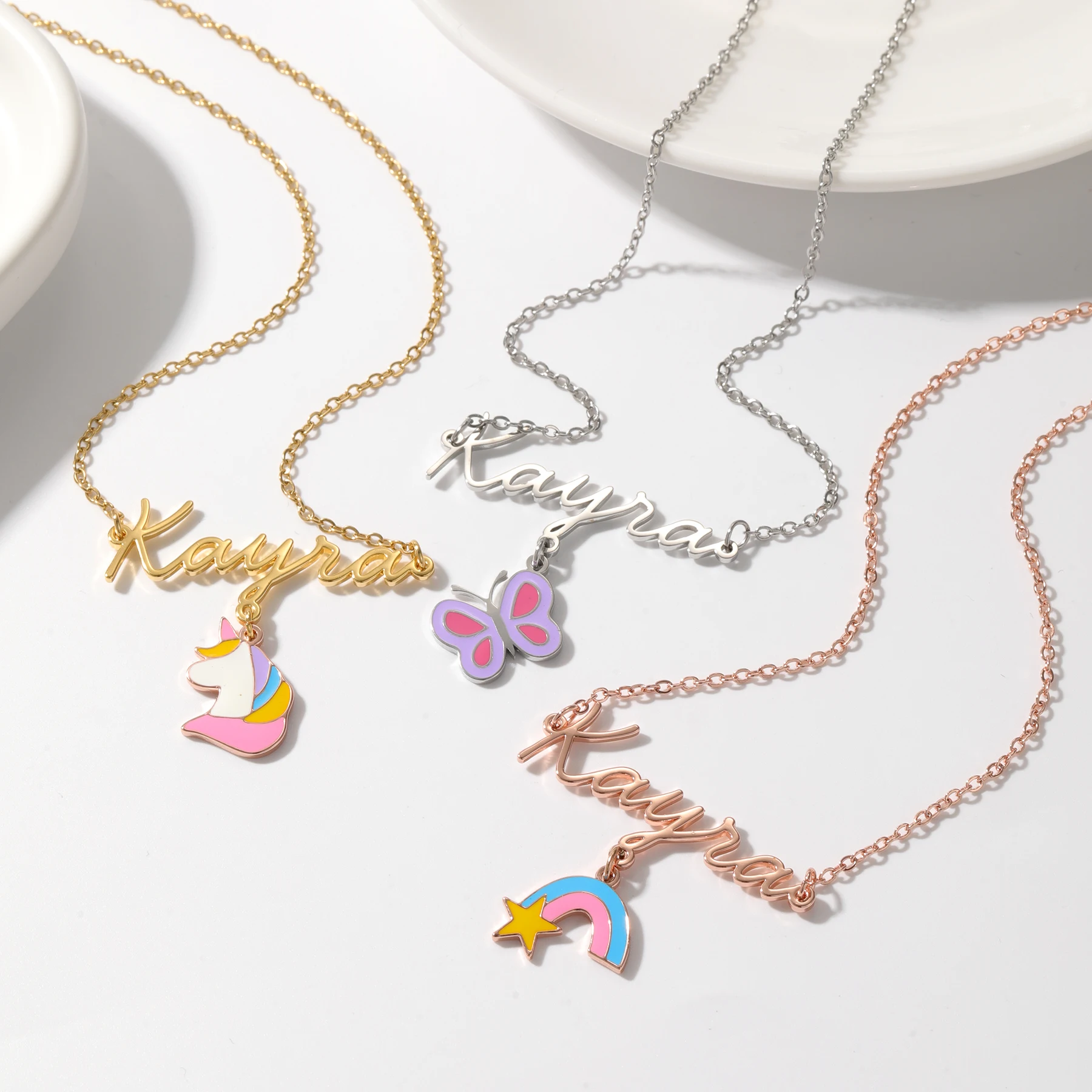 

Personalized Name Necklace With Charm Custom Name Pendent With Butterfly Unicorn Rainbow For Women Girl Personalized Jewelry