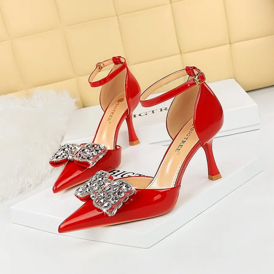 

Summer Women's Ladies Pointed Hollow Water Diamond Bow Strap High Middle Heels Sandals Pumps Wedding Women Heeled Shoes