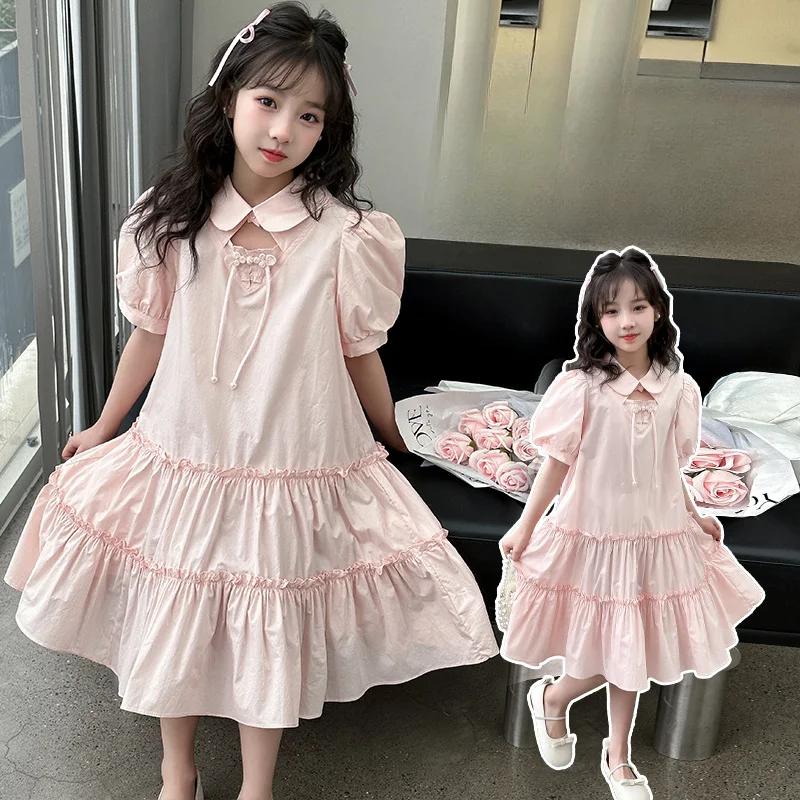 Girls Summer Dress 2024 New High Class Children Summer Dress Puffed Sleeve Shirt Collar Skirt Korean Sweet Style Skirt Clothes