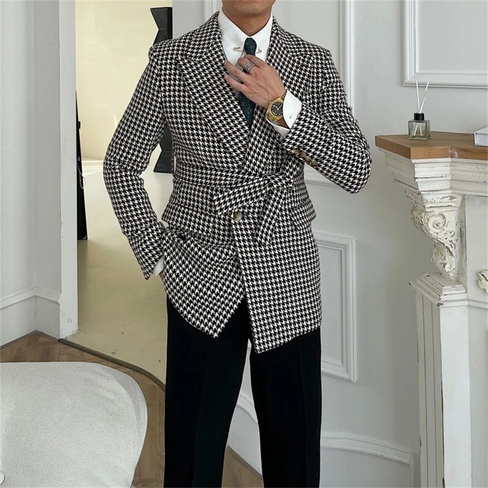 

2025 Fashion Groom Tuxedo Set With Belt Latest Design Houndstooth Double Breasted Wedding Suits For Men 2 Piece Slim Fit Male