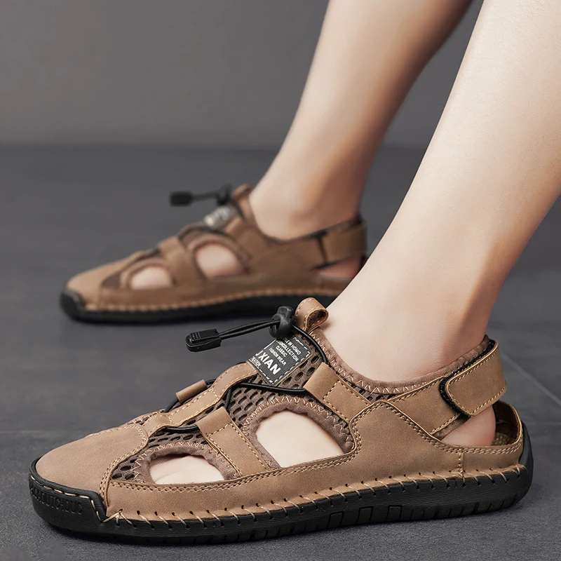 

Мужские сандалии ручной работы, водонепроницаемая Нескользящая речная обувь, дышащая сетчатая Уличная обувь для походов, пляжные шлепанцы, лето