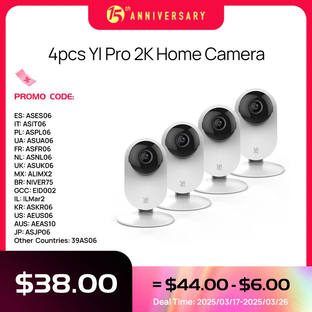 YI 4pc 2K Home Pro Camera 3MP Wi-Fi IP Security Surveillance Smart System with Night Vision Baby Monitor on iOS, Android