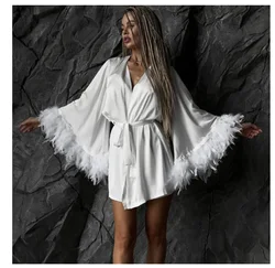 Bridal Short Silk Robe with Feather Sleeves Bride Photoshoot Bridal Robe Bridesmaid Gift Dressing Gown Angel Silk Feather Robe