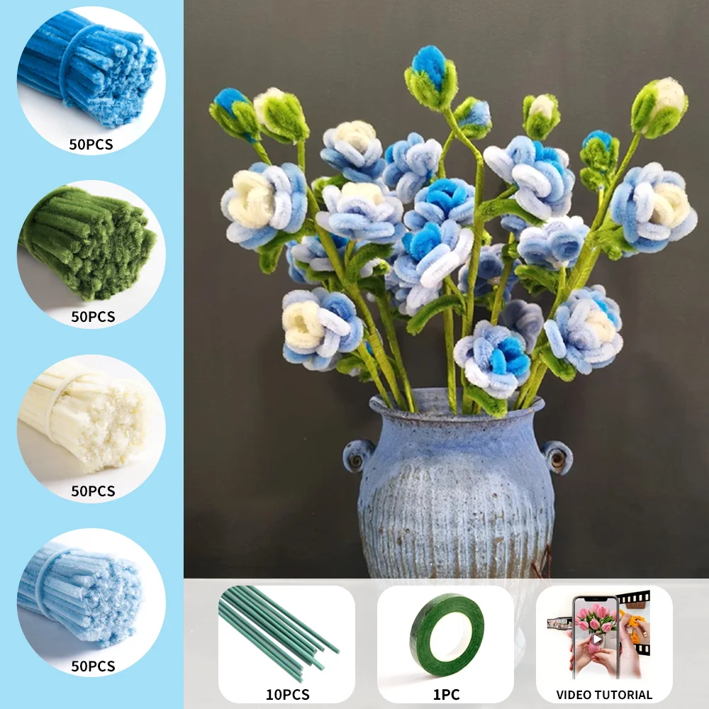 211 Multi-head Rose Pipe Cleaner Set, containing 200 pipe cleaners, 10 flower stems, 1 roll of tape, upgraded DIY crafts set view 2